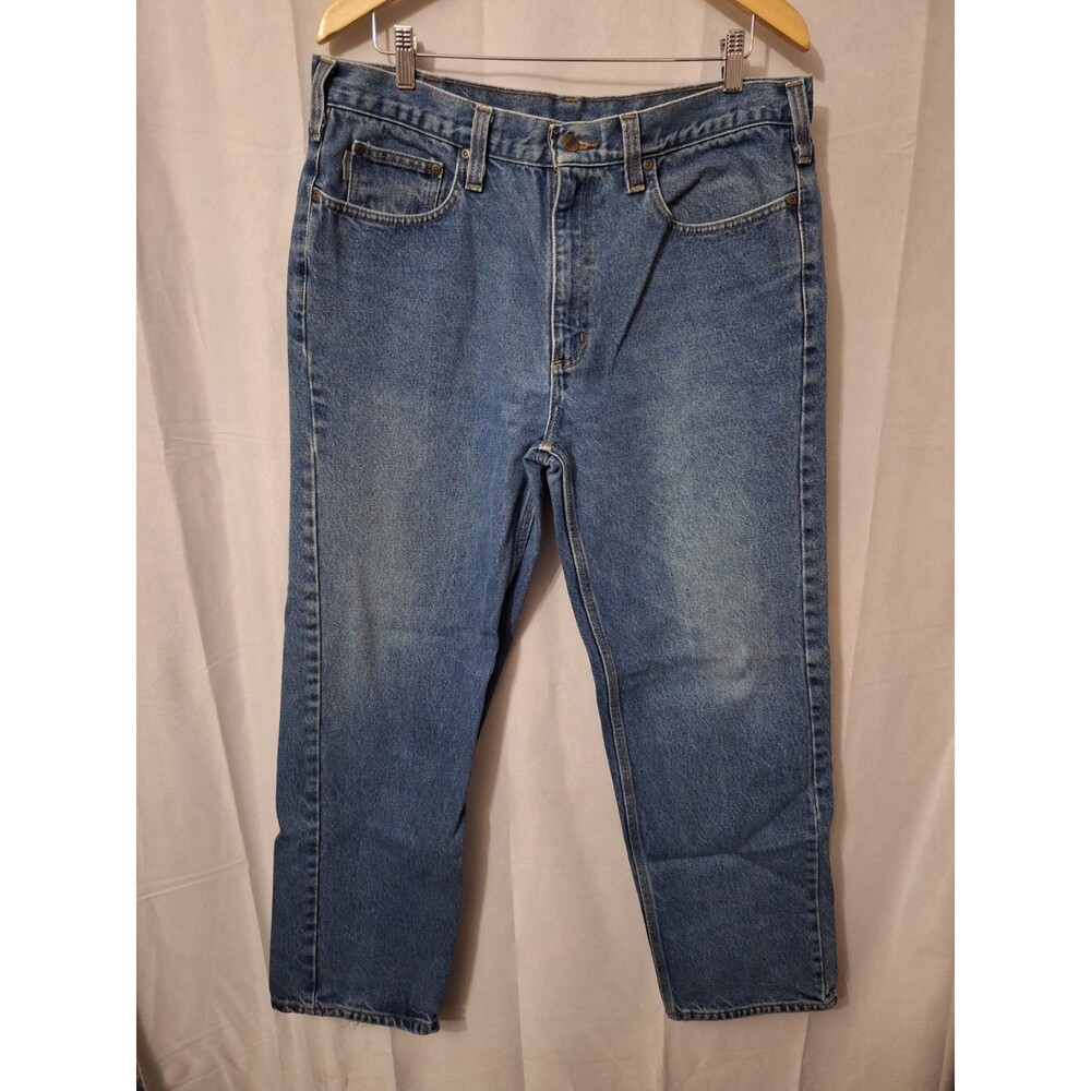 Vintage Carhartt Relaxed Fit Jeans Men's Size 36x32 Blue Denim Leather Patch Y2K